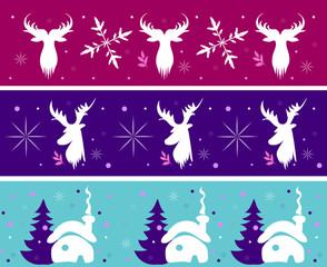 vector illustration new year card with deers, snowflakes and christmas trees