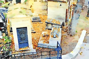 the tombs with statues in the Montmartre cemetery in Paris in the autumn