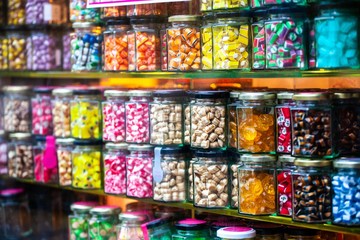 Fototapeta na wymiar colorful sweet candy on display in jars in storefront