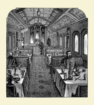 Luxurious dining car interior on train railways to travel in total comfort with wood panelling and damask drapes, 19th century