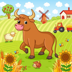 Obraz na płótnie Canvas Bull stands on a field next to a hedgehog and a sheep. Vector illustration with farm and pets.