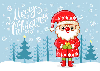 Christmas card with Santa Claus on a background of a winter blue forest.