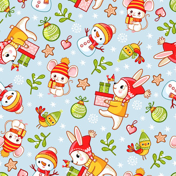 Vector seamless pattern on a Christmas theme with a snowman, and mouse.
