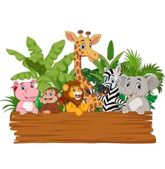 Fototapete Rund Cartoon wild animals holding blank board © tigatelu