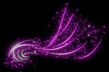 Round golden confetti or sparkles on a black background, with luminous lines. 3d rendering image.