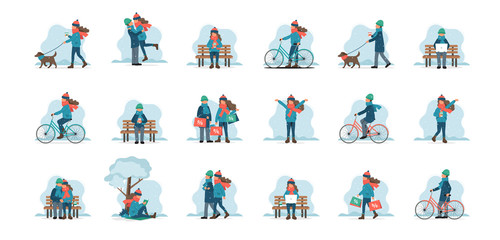 People doing winter activities. Set of male and female characters outdoor in winter clothes. Cute vector illustration in flat style