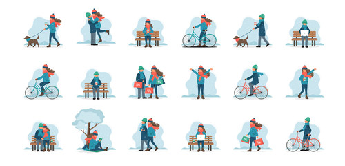 Fototapeta premium People doing winter activities. Set of male and female characters outdoor in winter clothes. Cute vector illustration in flat style