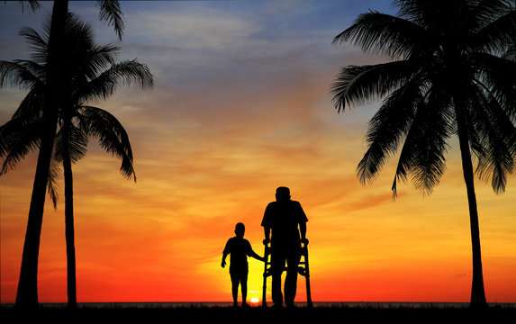  silhouette of the old man and son walk in the park    on sunrise