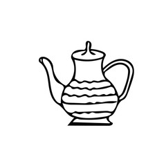 teapot with stripes. Element in hand drawn Scandinavian style. icon in simple liner. card, poster, menu. tea ceremony.