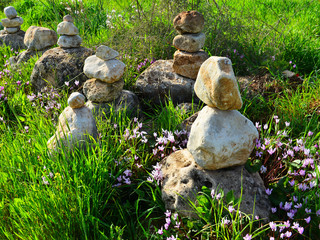 Fototapeta na wymiar Stone cairns and cyclamens