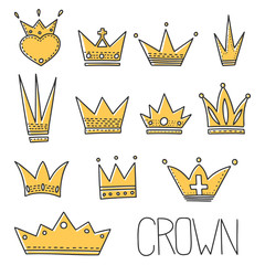 Different crowns vector concept in doodle style. Hand drawn illustration for printing on T-shirts, postcards.
