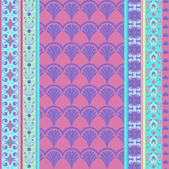 Vector decorative paisley border. Indian floral horizontal seamless pattern. Blue and pink paisley border