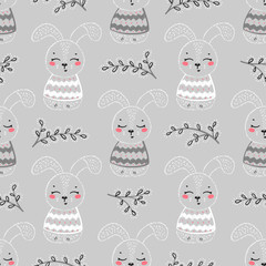 Easter Seamless Pattern with Cute Bunny and Branches of Willow. Spring Background with Little Rabbit. Vector Illustration