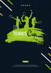 Tennis Championship banner, design with player and racquet on dark background. Vector illustration.
