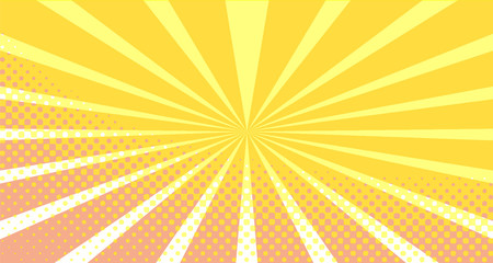 Vintage colorful comic book background. Orange blank bubbles of different shapes. Rays, radial, halftone, dotted effects. For sale banner empty Place for text 1960s. Copy space vector eps10.