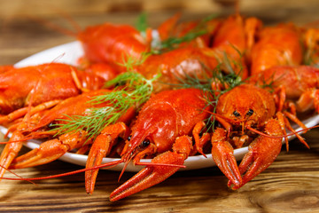Boiled crayfish in plate on wooden table