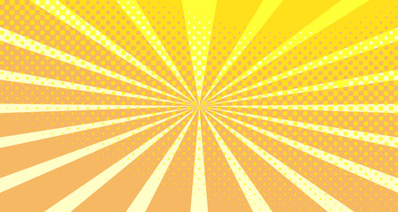 Fototapeta premium Vintage colorful comic book background. Orange blank bubbles of different shapes. Rays, radial, halftone, dotted effects. For sale banner empty Place for text 1960s. Copy space vector eps10.