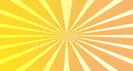 Vintage colorful comic book background. Orange blank bubbles of different shapes. Rays, radial, halftone, dotted effects. For sale banner empty Place for text 1960s. Copy space vector eps10.