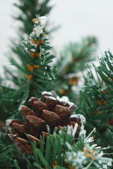 Fototapeta premium Merry christmas and a happy new year! Green Christmas tree lightly dusted with snow. Plastic Christmas tree on a light background with artificial berries and natural pine cones.