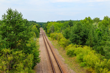 Fototapeta na wymiar Aerial view of railroad track through a green pine forest
