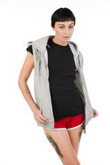 Fototapeta premium Blank t-shirt mock-up - Beautiful retro sports fashion girl ready for your design