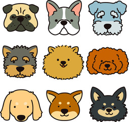 Set of outlined colorful dog faces
