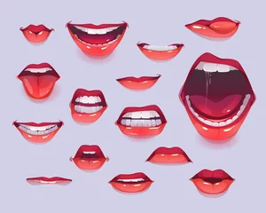 Frau Mund gesetzt. Rote sexy Lippen, die verschiedene Emotionen ausdrücken, wie glückliches Lächeln, Schreien, Zunge zeigen, Kuss, wütendes Zähneknirschen. Designelemente, Symbole, Aufkleber. Cartoon-Vektor-Illustration-ClipArt © vectorpouch