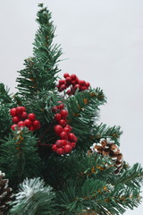 Merry christmas and a happy new year! Green Christmas tree lightly dusted with snow. Plastic Christmas tree on a light background with artificial berries and natural pine cones.