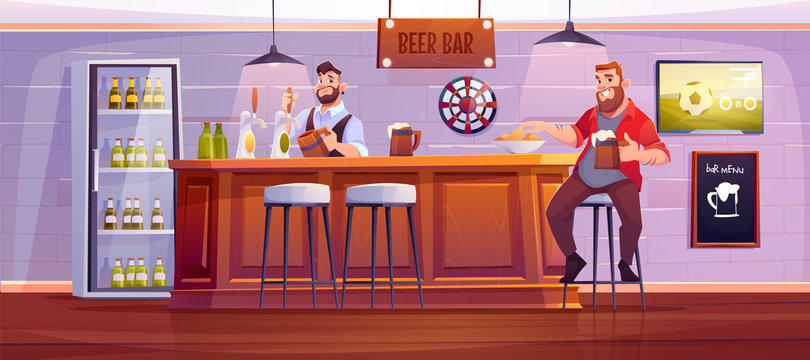 Man in beer bar. Visitor at pub sit on high stool at wooden desk with barman pouring drink to cup, bottles in fridge, menu board, darts and tv with football match on wall Cartoon vector illustration