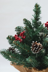 Merry christmas and a happy new year! Green Christmas tree lightly dusted with snow. Plastic Christmas tree on a light background with artificial berries and natural pine cones.