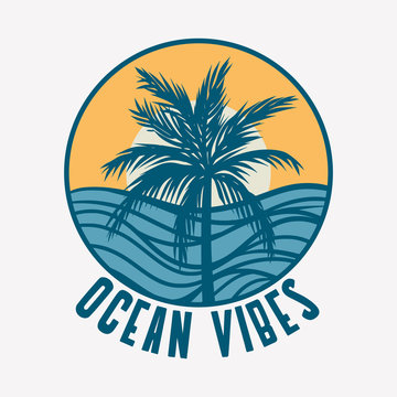 Ocean vibes with vintage retro illustration of the beach and palm tree