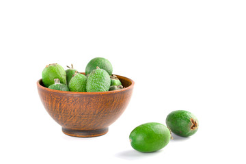 Juicy and ripe feijoa isolated on a white background. Healthy autumn fruit.