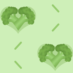 Pattern with two broccoli in the shape of heart for vegetables lovers, light green background