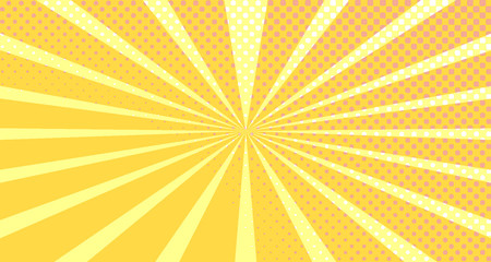 Vintage colorful comic book background. Orange blank bubbles of different shapes. Rays, radial, halftone, dotted effects. For sale banner empty Place for text 1960s. Copy space vector eps10.