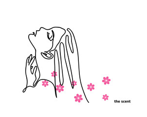 Scent, flavor, perfume, Eau de Toilette promotional vector banner. Woman, girl profile, contour. Flower scent.One continuous line drawing.