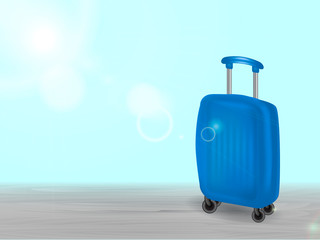 Sunny background with blue suitcase. Vector illustration for poster.