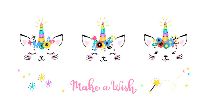 Vector Set Cute Unicorn Cat Head with Floral Wreath for Kids t-shirt Print Design. Magic Caticorn or Kittycorn Nursery Poster. Magical Kitten Face with Unicorn Horn and Flower Crown. Make a Wish