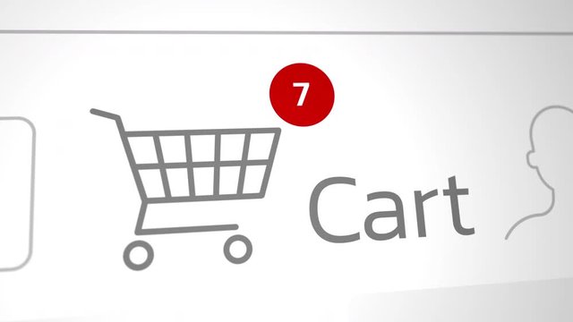 Close up shot animation of shopping cart icon on computer screen with animated counting numbers add online commodity on shopping web page. 4k footage 60 fps.