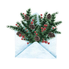 Fototapeta na wymiar Watercolor illustration of winter fir branches in a paper envelope.