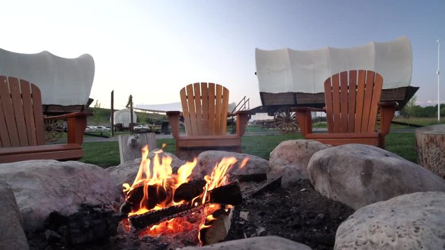 Bonfire by typical Conestoga Wagons, Utah, USA 