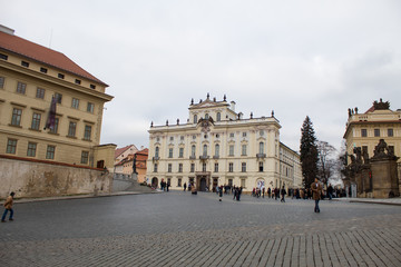Fototapeta na wymiar Old Royal Palace Prague Castle early in the morning on a working day in the Czech capital Prague on the eve of Christmas.