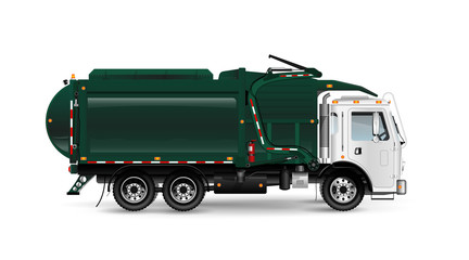 Large and powerful garbage truck in dark green. Frontal loading of containers. For an article about cleaning up or removing trash. On white background.