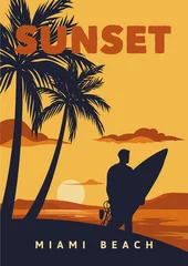 Fototapeten sunset miami beach poster illustration surfing vintage retro style © Galih