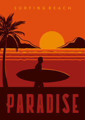 surfing beach paradise poster illustration surfing in vintage retro style - obrazy, fototapety, plakaty