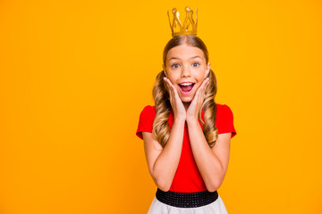 Photo of pretty crazy little lady royal family person arms on cheekbones golden tiara head young...