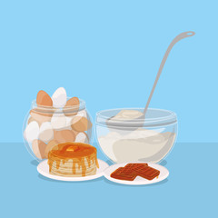 Breakfast eggs waffles and pancakes vector design