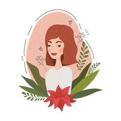 Cute woman cartoon with leaves drawing vector design