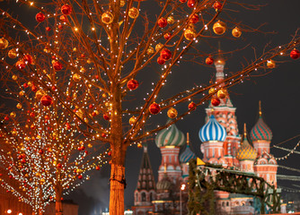 Moscow. Russia. New year entertainment on red square. Kremlin. St.Basil Cathedral. Red square is decorated for Christmas. Preparing for holiday. Winter trip to the capital of the Russian Federation