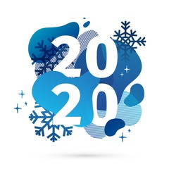Horizontal abstract geometric design for happy new year 2020. Winter holiday offer banner with vector liquid shape and snowflakes on background. Blue template Xmas graphic elements with dynamic shape.