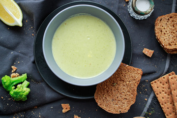 Cream soup made of vegetables. Tasty green soup. Creamy soup. Tasty food